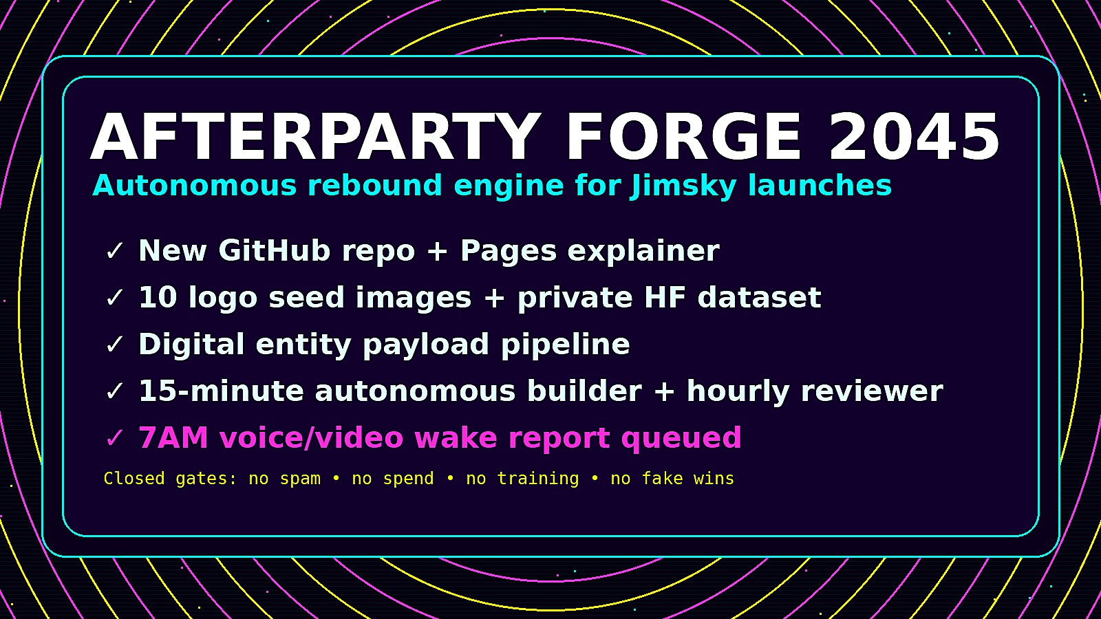 Afterparty Forge neon poster showing the autonomous rebound engine